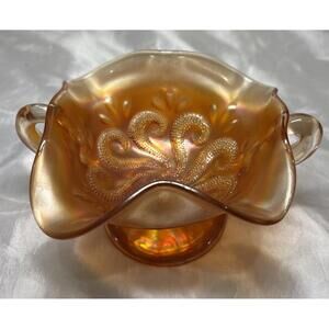 Vintage Dugan Question Marks Pattern Marigold Carnival Glass Handled Bonbon Dish